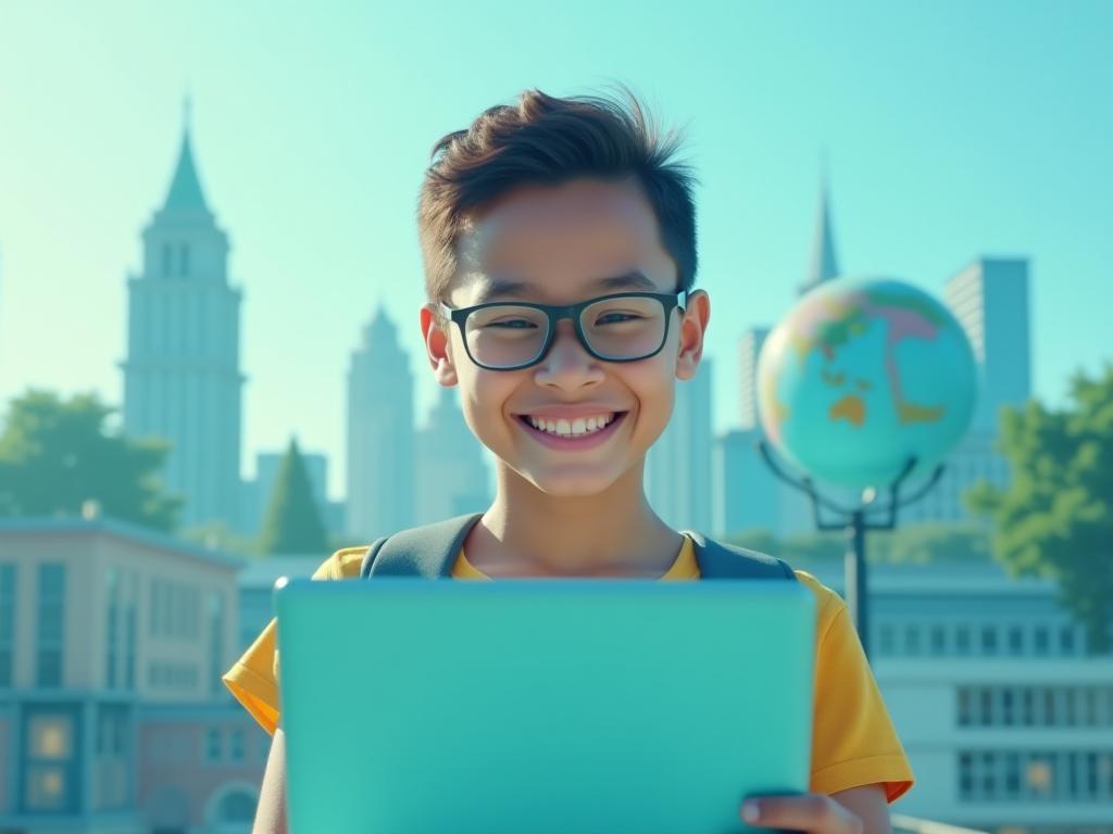 Happy student looking at a laptop with academic buildings in the background, symbolizing global education opportunities.