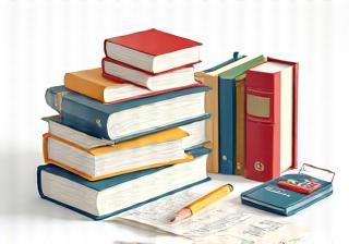 Illustration showing materials related to standardized tests like IELTS, TOEFL, or GMAT.