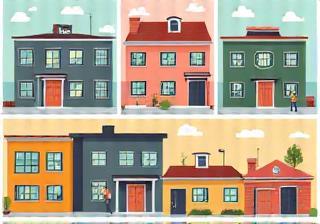 Illustration showing different types of student housing like dormitories or apartments.